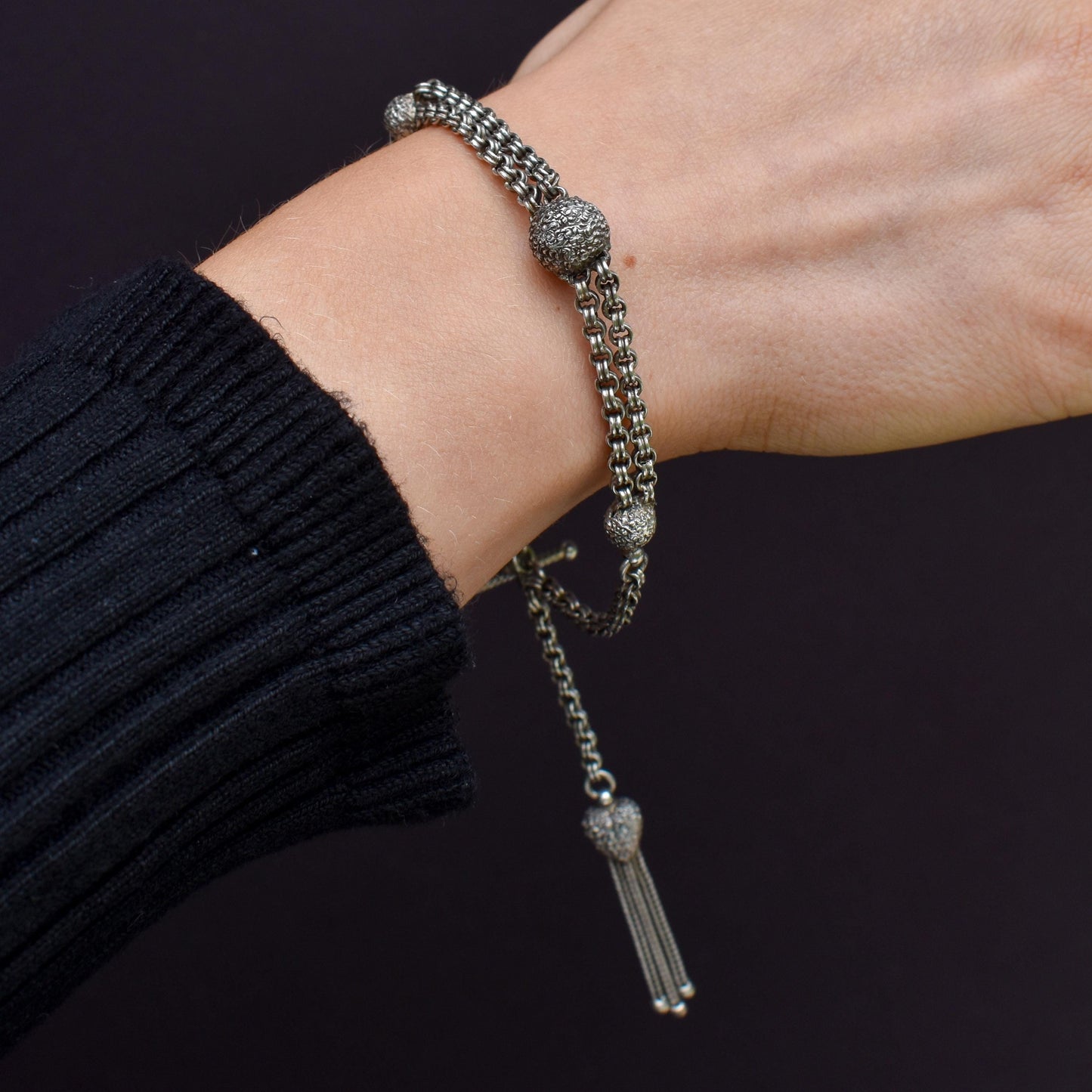 Antique Silver Albertina Albert Watch Chain Bracelet with Heart Tassel | Edwardian