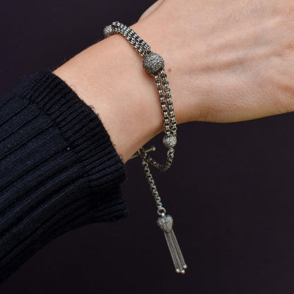 Antique Silver Albertina Albert Watch Chain Bracelet with Heart Tassel | Edwardian