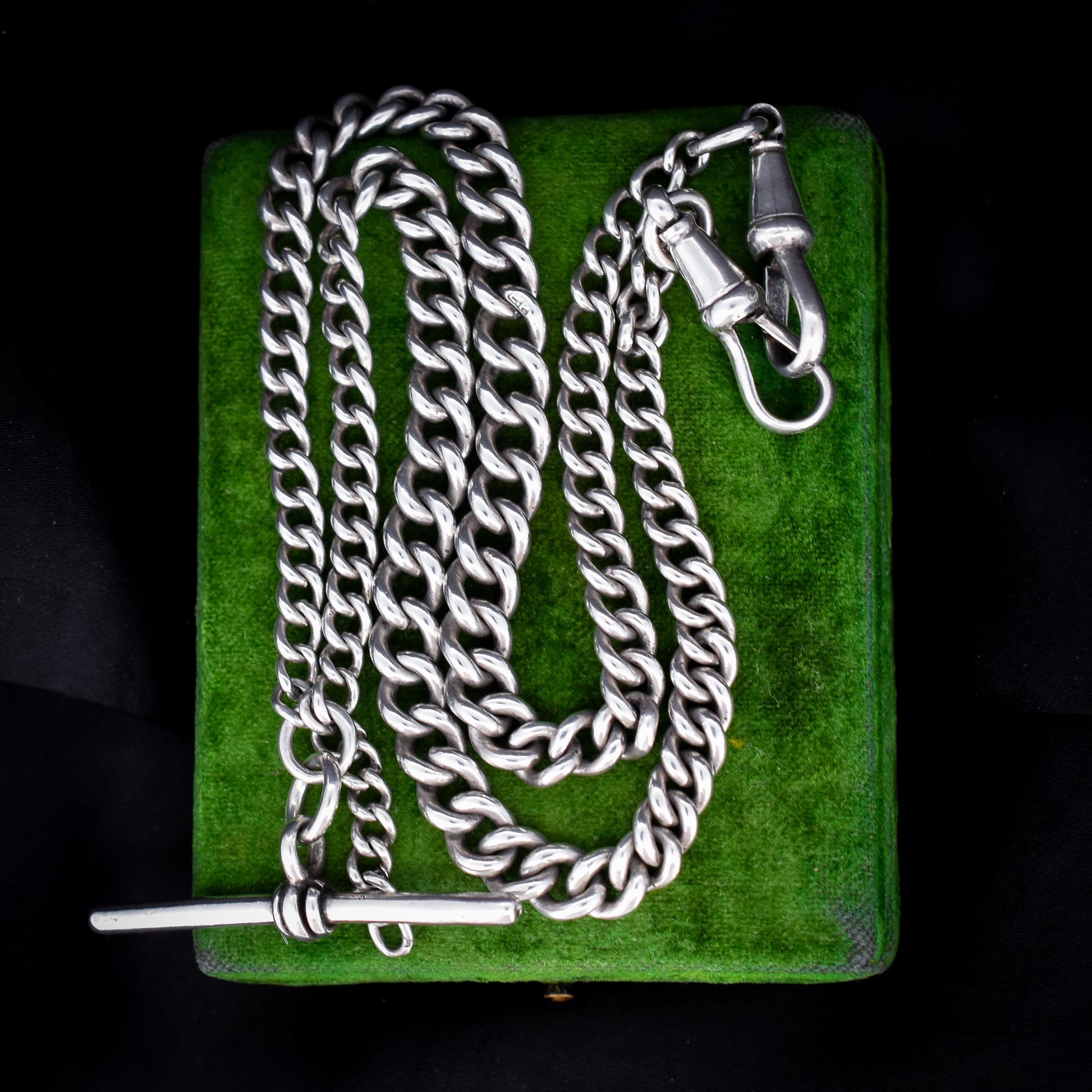Antique Chester '1910' Sterling Silver Albert Chain Necklace with T-Bar and Dog Clips – 17.5"