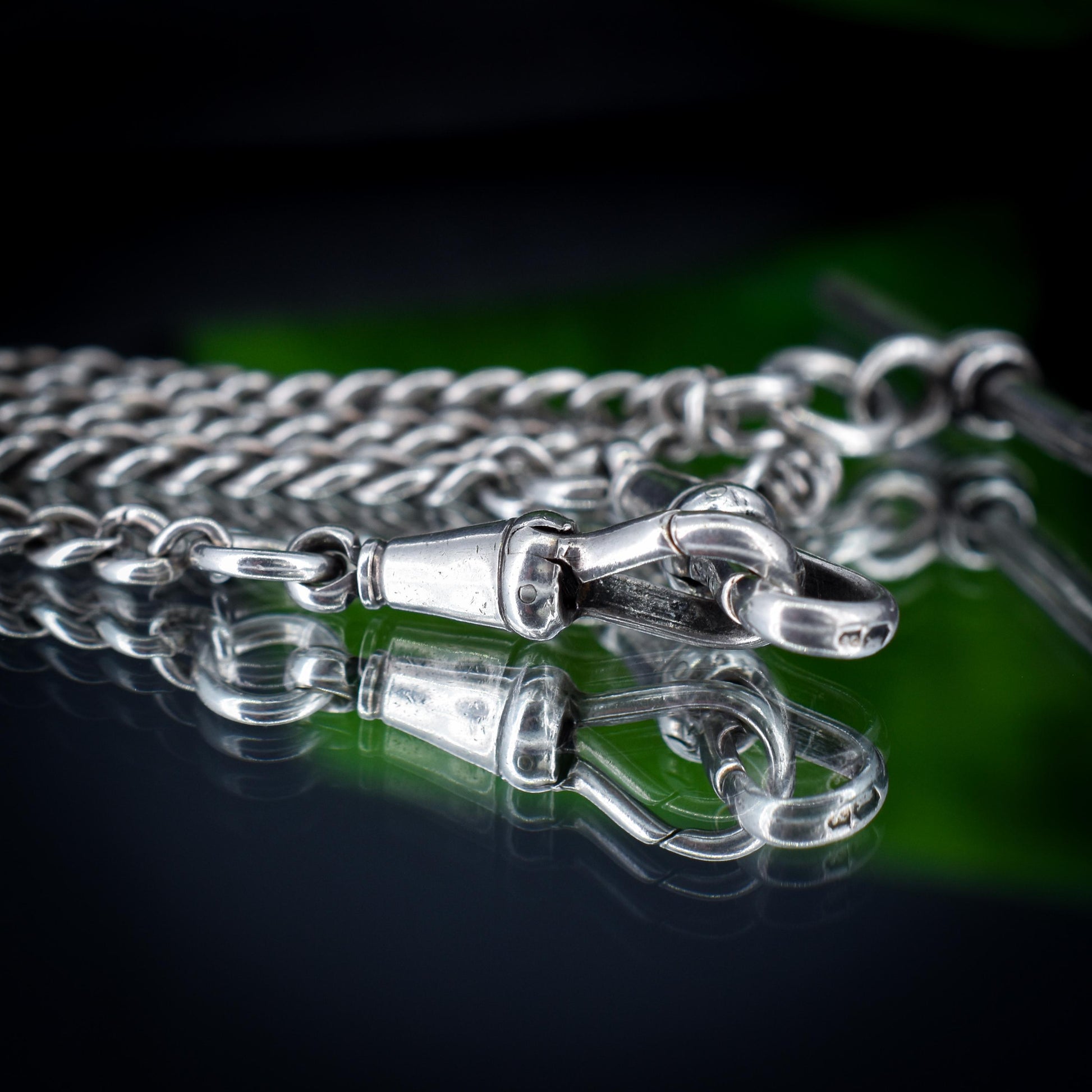 Antique Chester '1910' Sterling Silver Albert Chain Necklace with T-Bar and Dog Clips – 17.5"