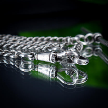 Antique Chester '1910' Sterling Silver Albert Chain Necklace with T-Bar and Dog Clips – 17.5"
