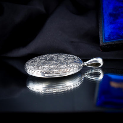 Antique Victorian Sterling Silver Oval Engraved Photo Locket Pendant