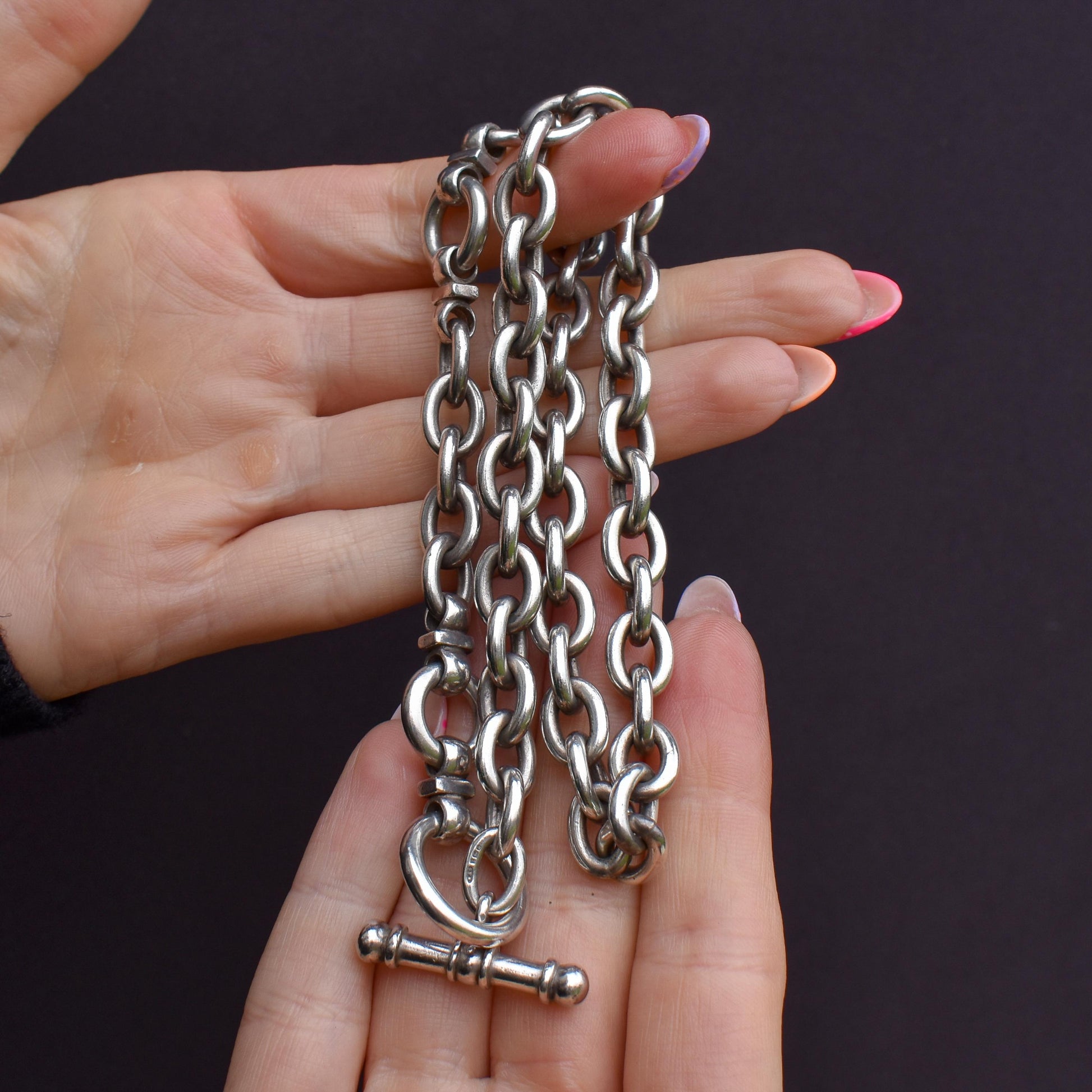 Vintage Heavy Silver Oval Link Toggle Chain Necklace 17.5" Length