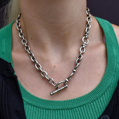 Vintage Heavy Silver Oval Link Toggle Chain Necklace 17.5" Length