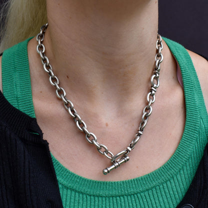 Vintage Heavy Silver Oval Link Toggle Chain Necklace 17.5" Length