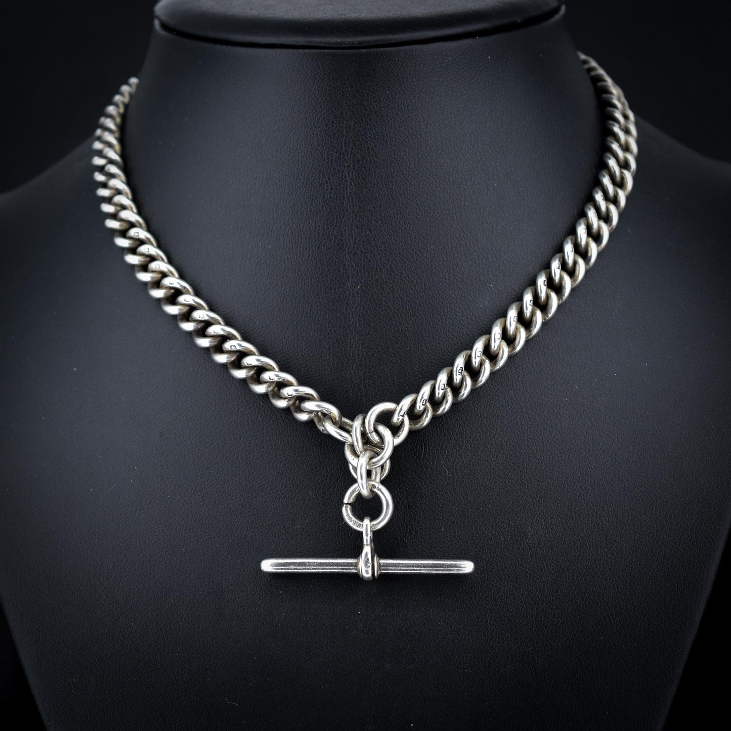 Antique Sterling Silver Curb Link Albert Watch Chain Necklace 15"