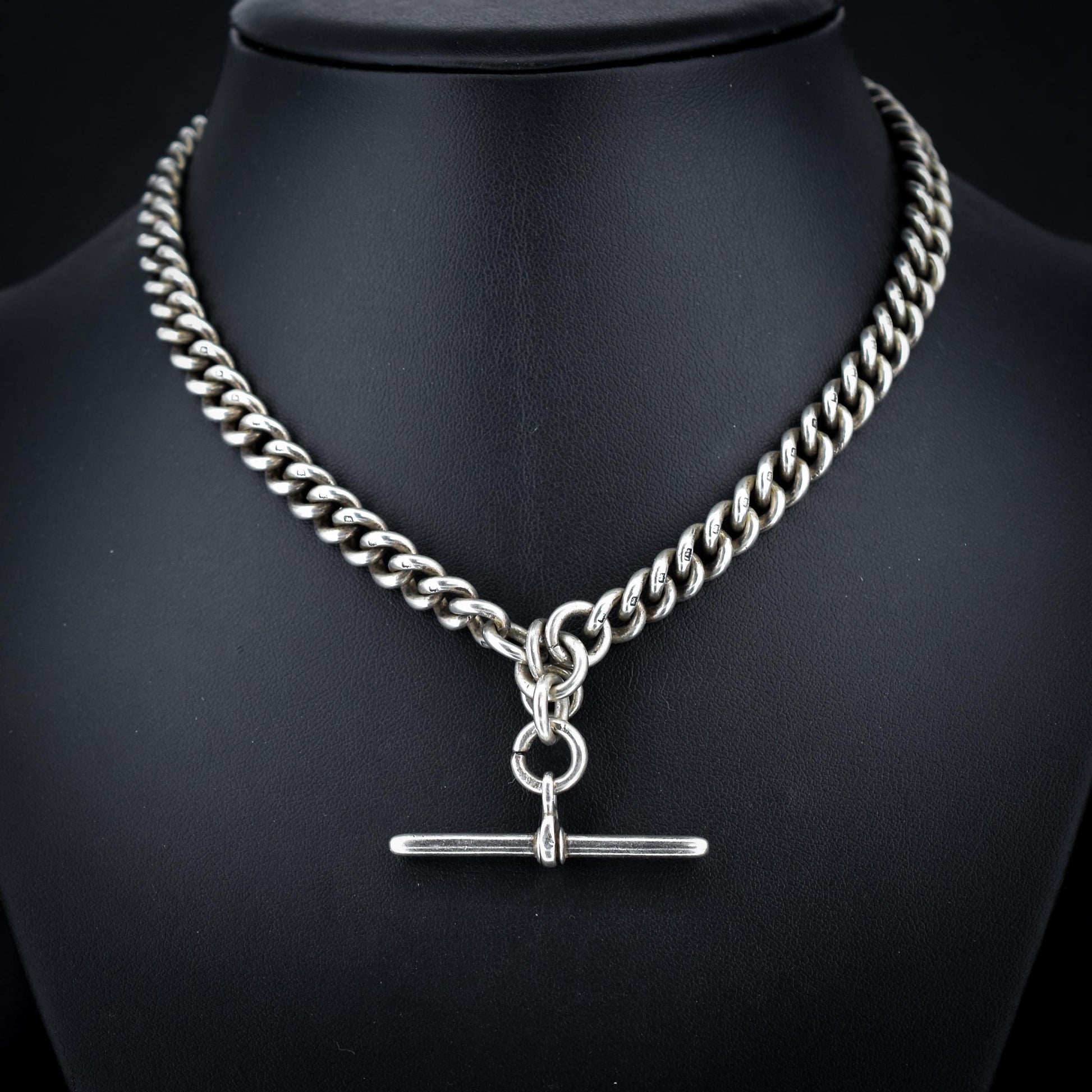Antique Sterling Silver Curb Link Albert Watch Chain Necklace 15"