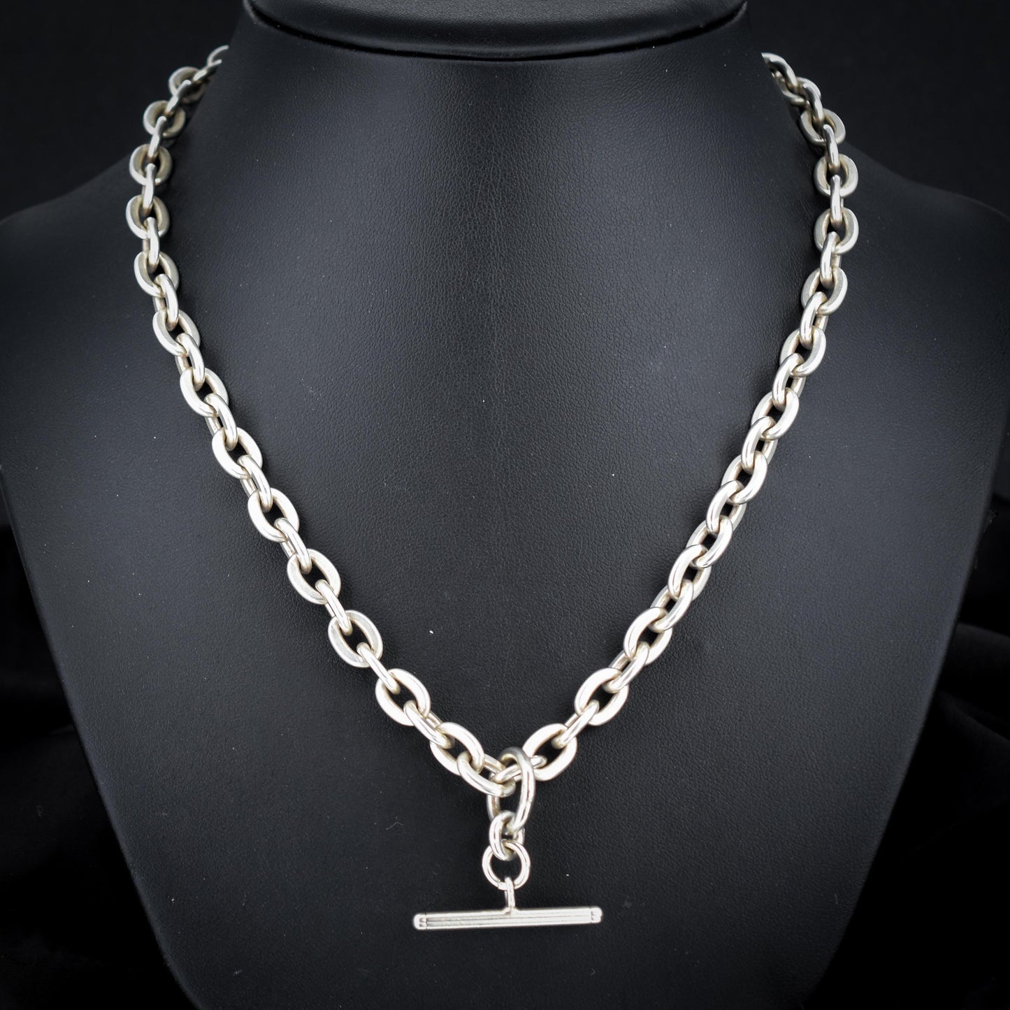 Vintage Sterling Silver Oval Cable Link Watch Chain Necklace with T-Bar and Dog Clips – 21"