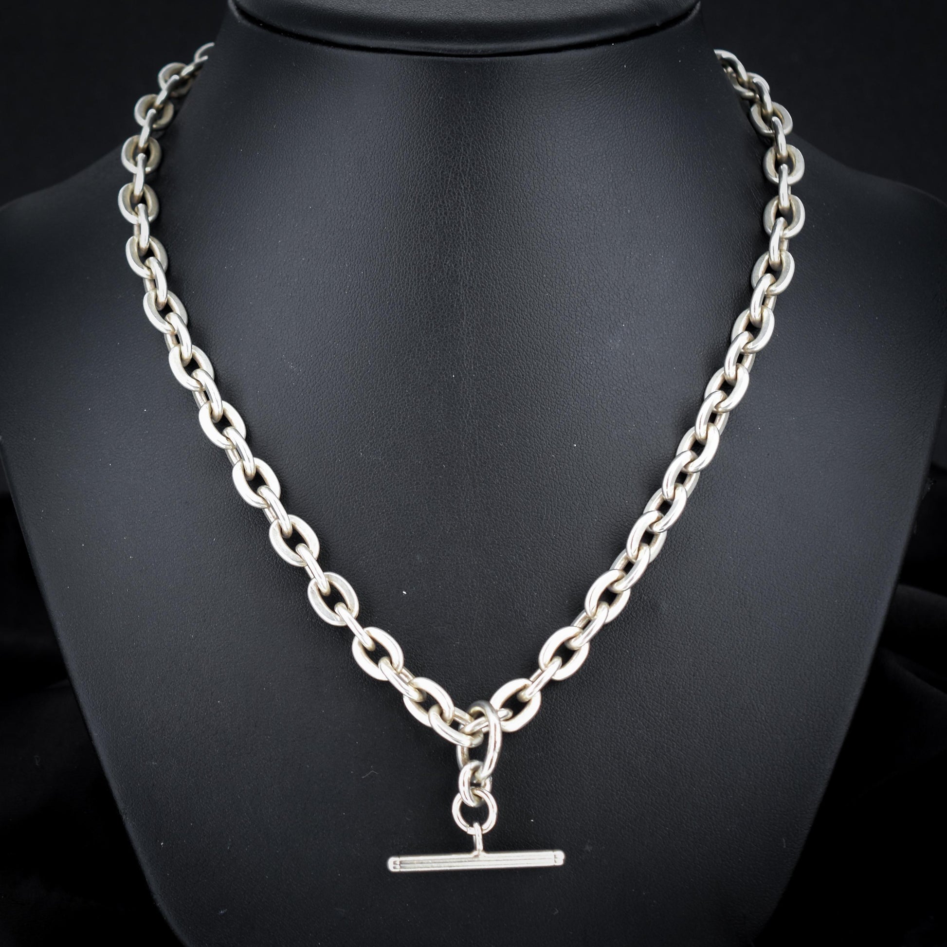 Vintage Sterling Silver Oval Cable Link Watch Chain Necklace with T-Bar and Dog Clips – 21"