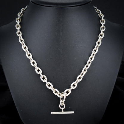 Vintage Sterling Silver Oval Cable Link Watch Chain Necklace with T-Bar and Dog Clips – 21"