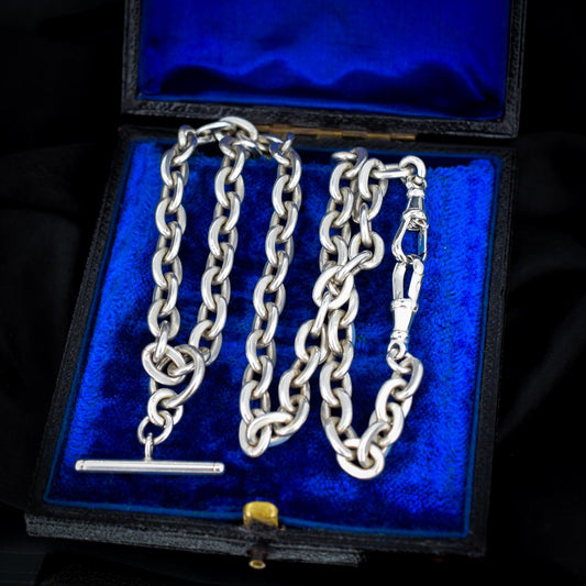 Vintage Sterling Silver Oval Cable Link Watch Chain Necklace with T-Bar and Dog Clips – 21"