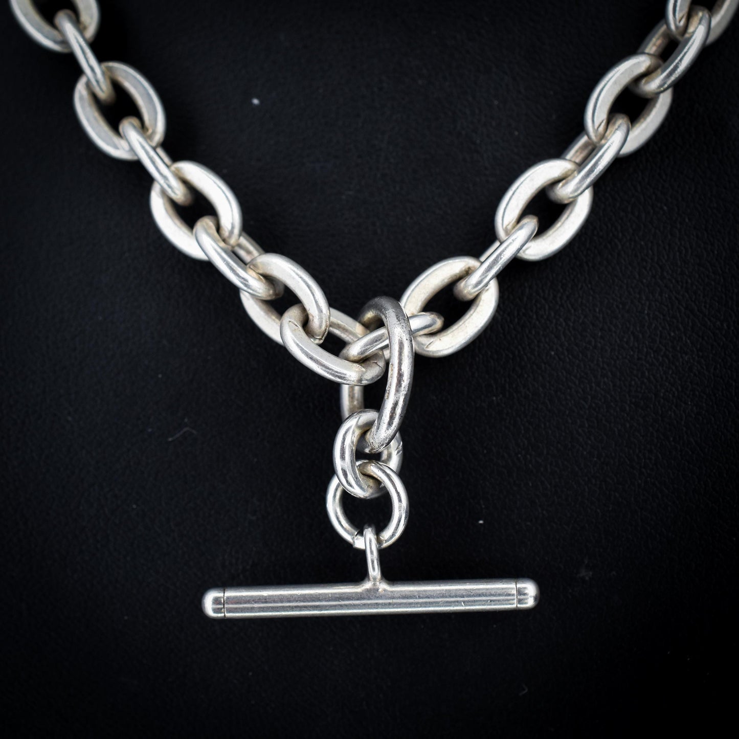 Vintage Sterling Silver Oval Cable Link Watch Chain Necklace with T-Bar and Dog Clips – 21"