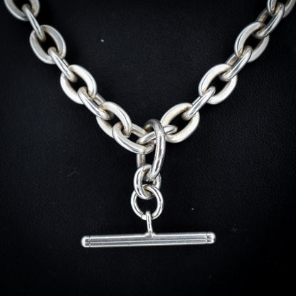 Vintage Sterling Silver Oval Cable Link Watch Chain Necklace with T-Bar and Dog Clips – 21"