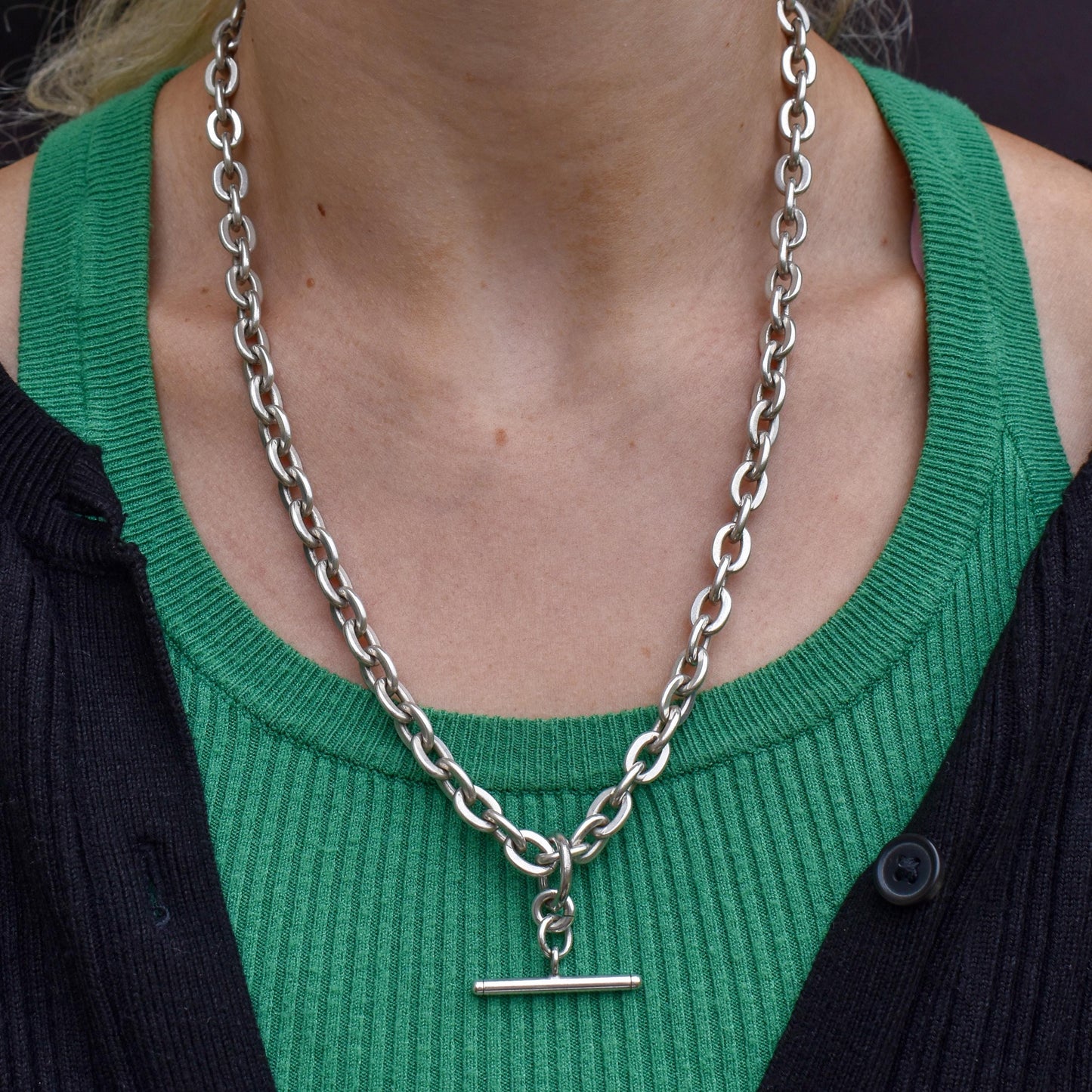 Vintage Sterling Silver Oval Cable Link Watch Chain Necklace with T-Bar and Dog Clips – 21"