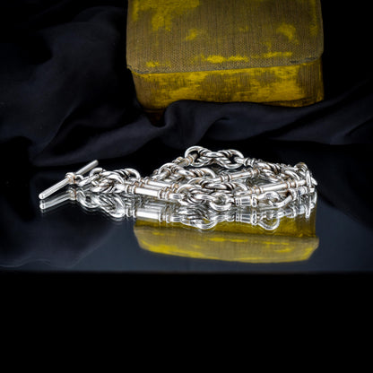 Antique '1908' Sterling Silver Chunky Trombone and Love Knot Albert Chain Necklace | 15"