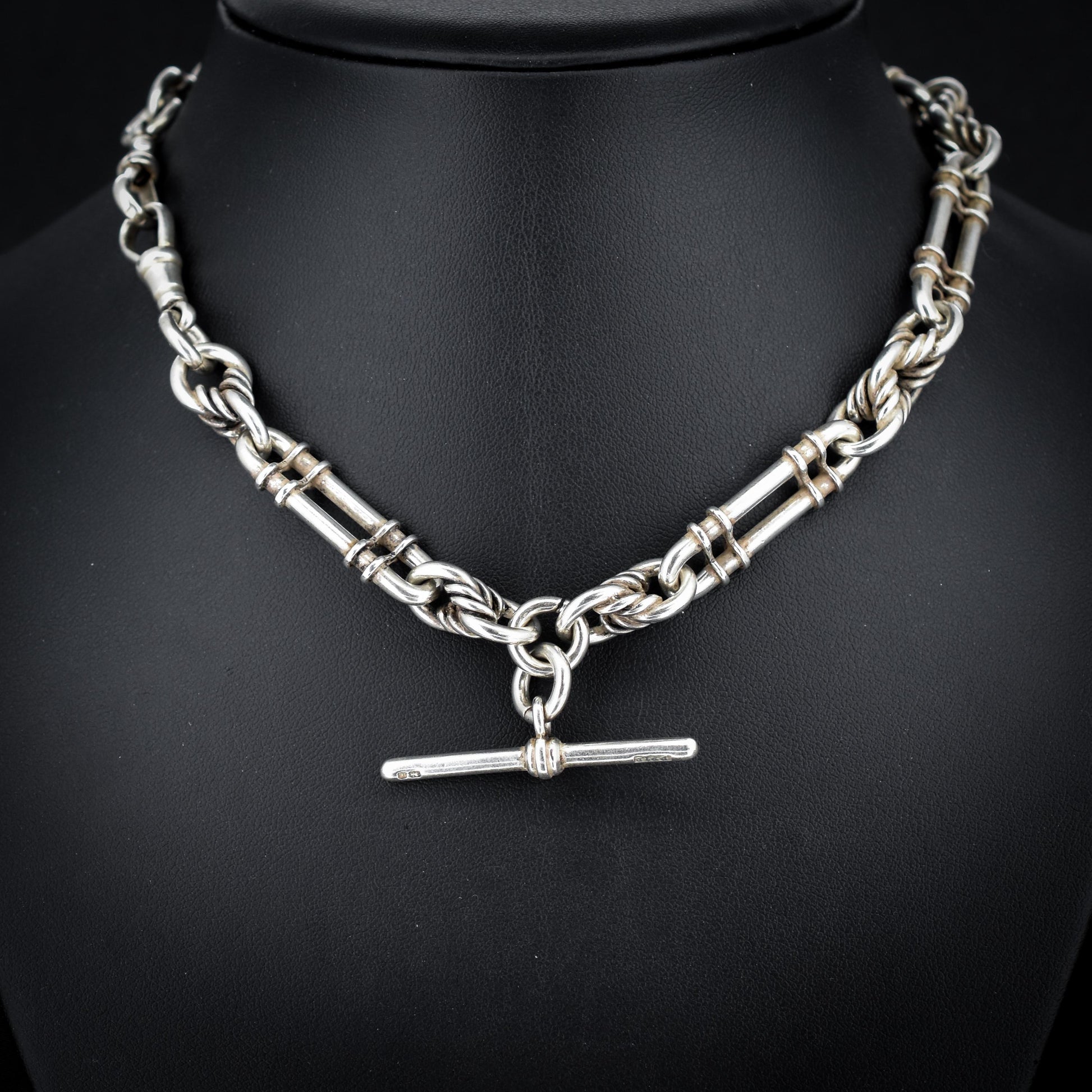 Antique '1908' Sterling Silver Chunky Trombone and Love Knot Albert Chain Necklace | 15"