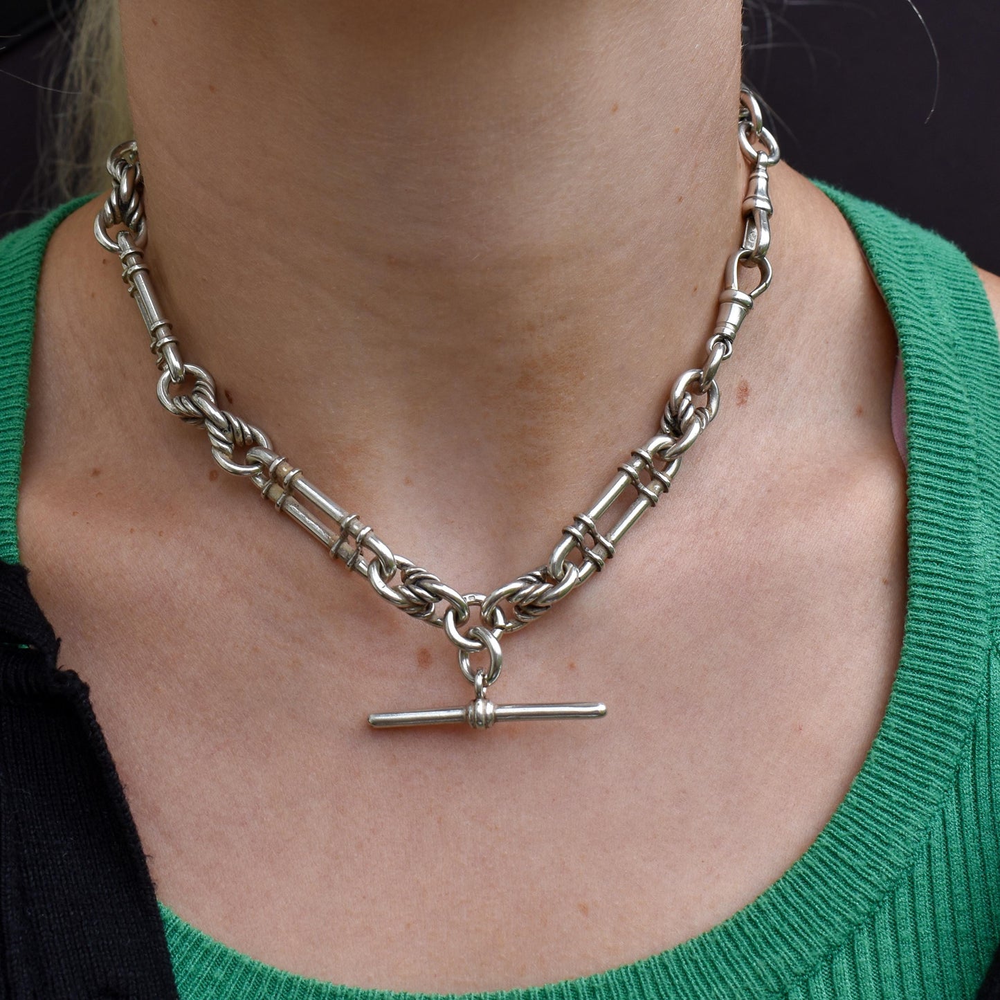 Antique '1908' Sterling Silver Chunky Trombone and Love Knot Albert Chain Necklace | 15"