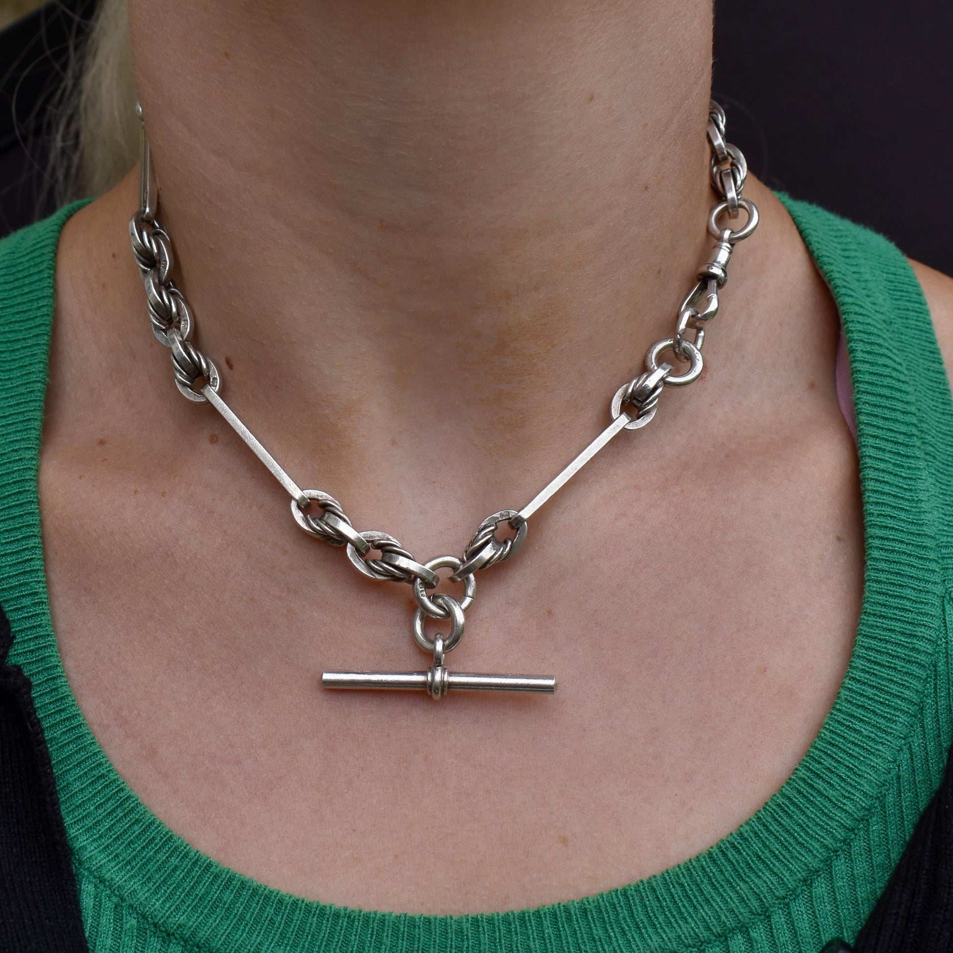 Antique '1901' Sterling Silver Trombone and Love Knot Albert Chain Necklace | 15.25"