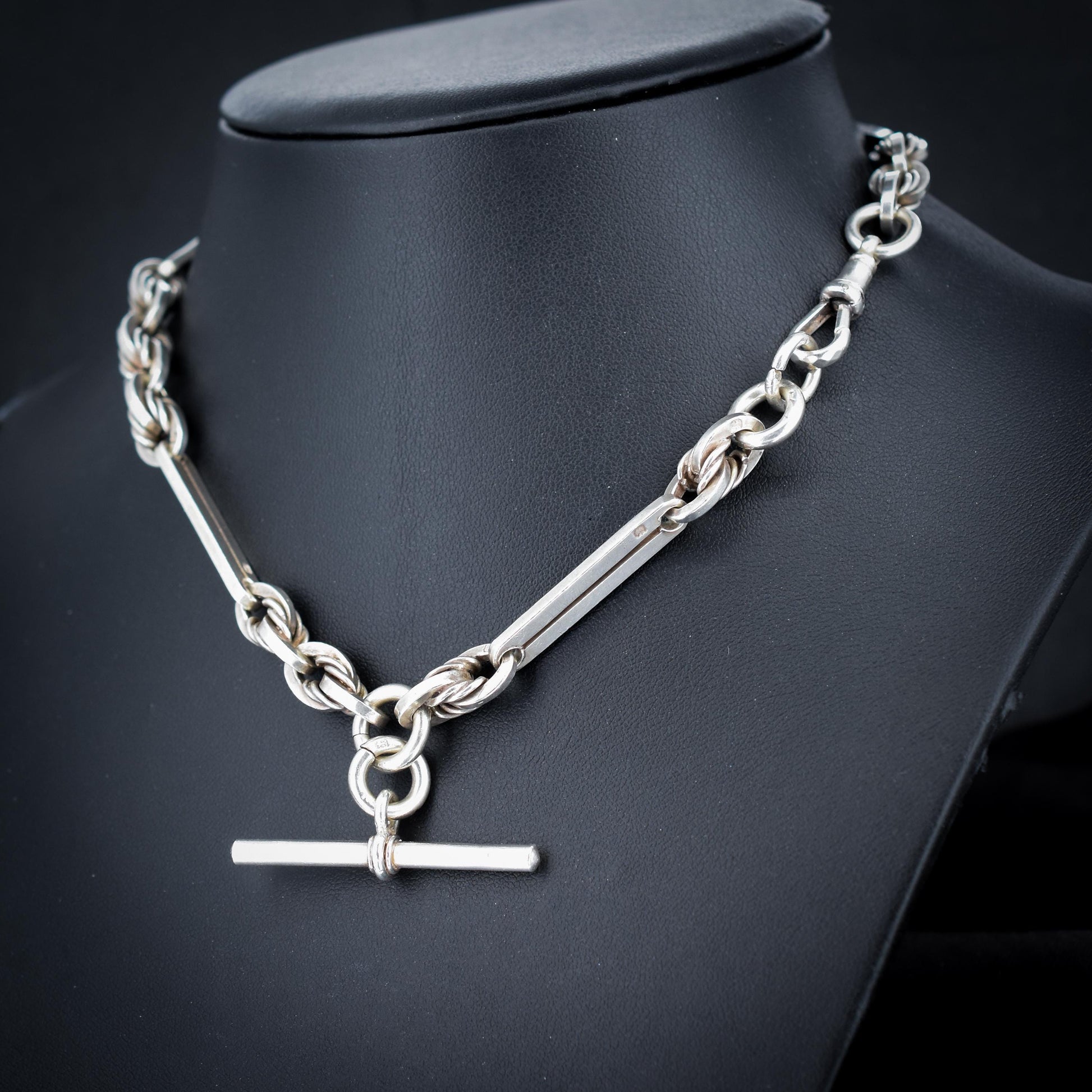 Antique '1901' Sterling Silver Trombone and Love Knot Albert Chain Necklace | 15.25"