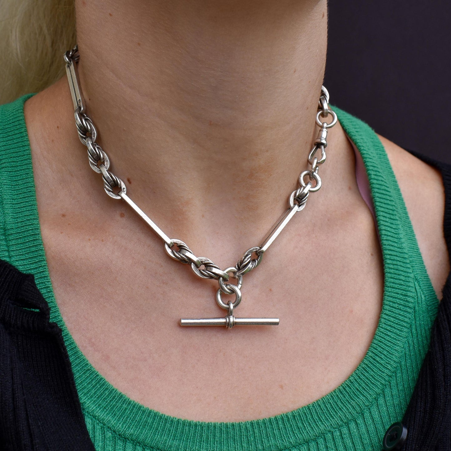 Antique '1901' Sterling Silver Trombone and Love Knot Albert Chain Necklace | 15.25"