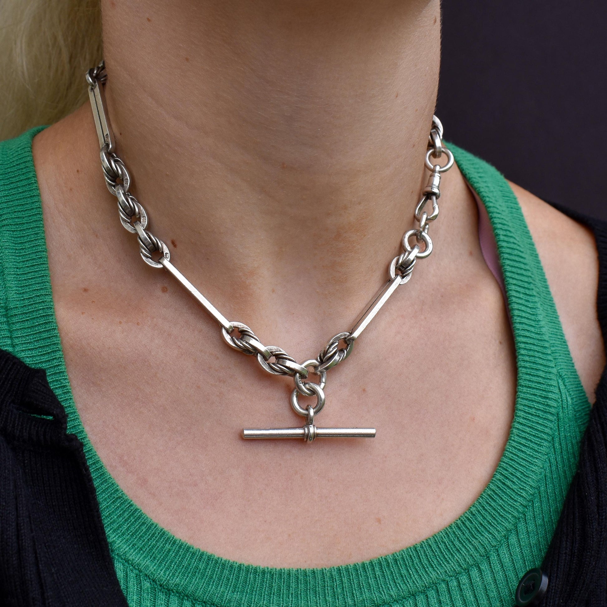 Antique '1901' Sterling Silver Trombone and Love Knot Albert Chain Necklace | 15.25"