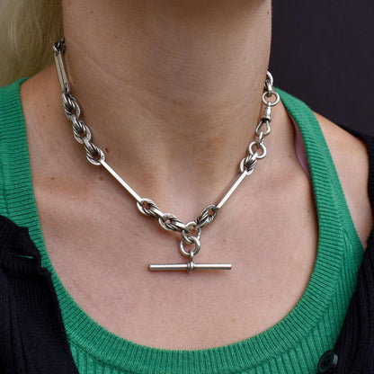 Antique '1901' Sterling Silver Trombone and Love Knot Albert Chain Necklace | 15.25"