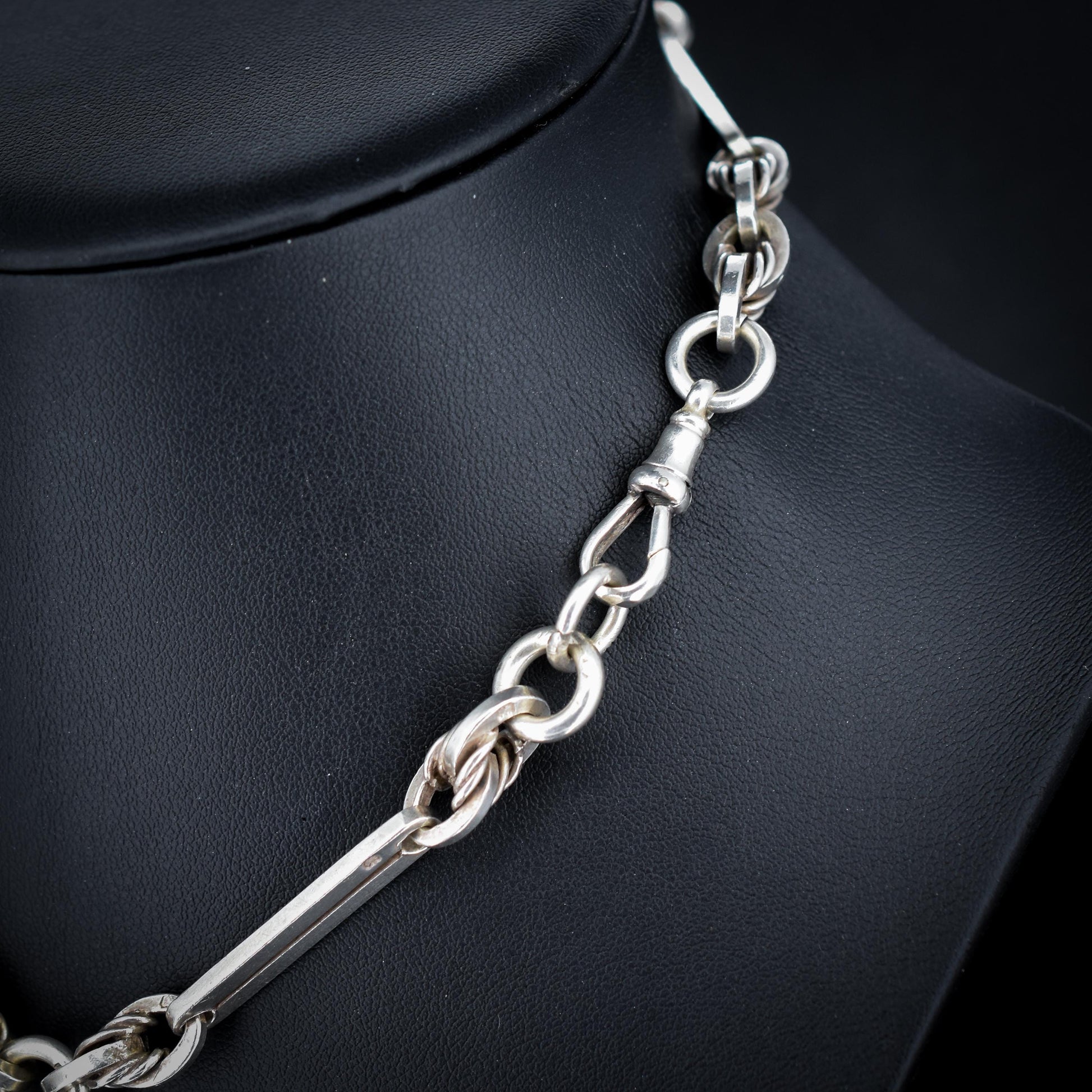 Antique '1901' Sterling Silver Trombone and Love Knot Albert Chain Necklace | 15.25"