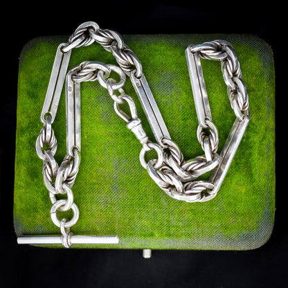 Antique '1901' Sterling Silver Trombone and Love Knot Albert Chain Necklace | 15.25"