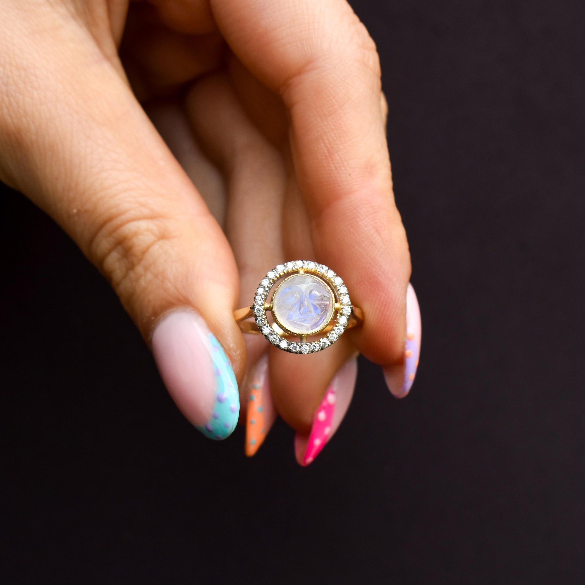 Moonstone Carved Man In The Moon Diamond Halo 9ct Yellow Gold Ring