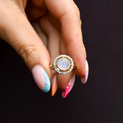 Moonstone Carved Man In The Moon Diamond Halo 9ct Yellow Gold Ring