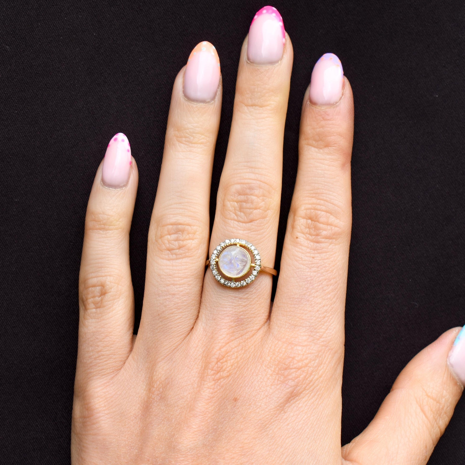 Moonstone Carved Man In The Moon Diamond Halo 9ct Yellow Gold Ring