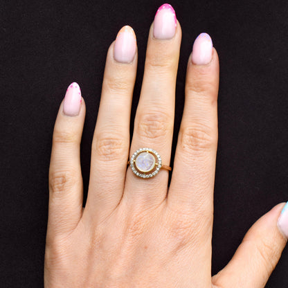 Moonstone Carved Man In The Moon Diamond Halo 9ct Yellow Gold Ring