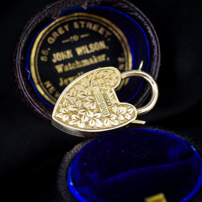 Antique '1903' 9ct Gold Engraved Opening Heart Padlock Charm Pendant