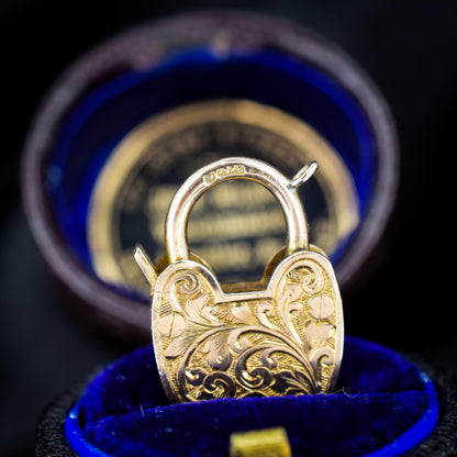 Antique '1903' 9ct Gold Engraved Opening Heart Padlock Charm Pendant
