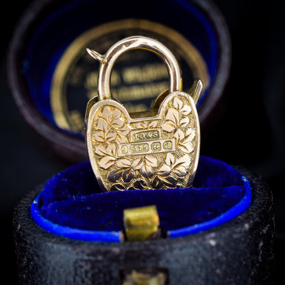 Antique '1903' 9ct Gold Engraved Opening Heart Padlock Charm Pendant