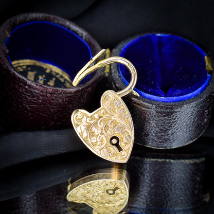 Antique '1903' 9ct Gold Engraved Opening Heart Padlock Charm Pendant