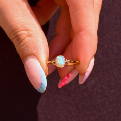 Antique Colourful Natural Opal Oval Bezel Solitaire 18ct Gold Ring