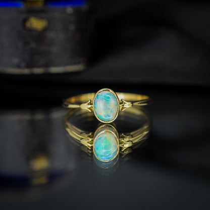 Antique Colourful Natural Opal Oval Bezel Solitaire 18ct Gold Ring