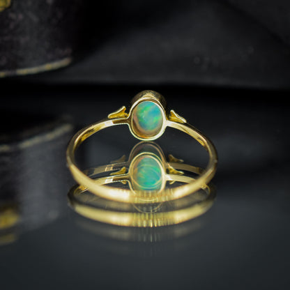 Antique Colourful Natural Opal Oval Bezel Solitaire 18ct Gold Ring