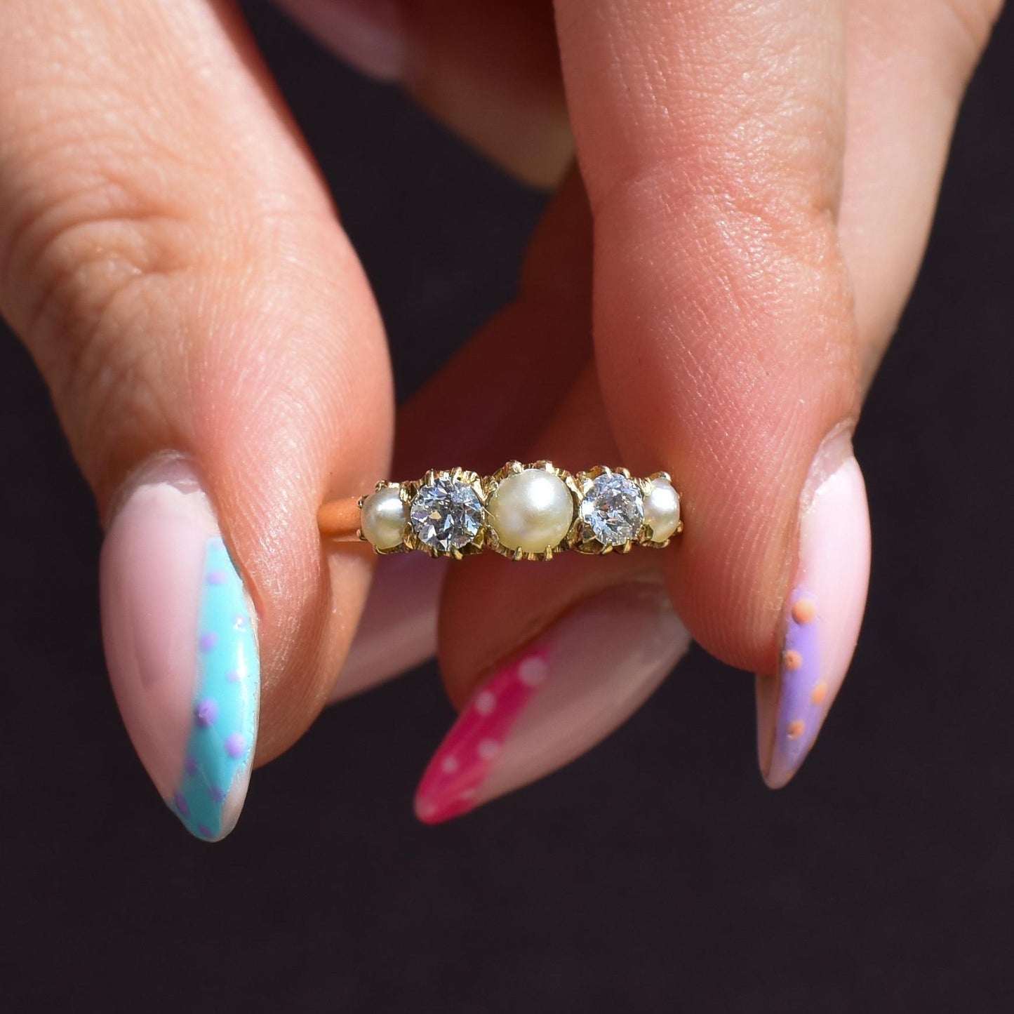 Antique Victorian Pearl and Old Cut Diamond Five Stone 18ct Yellow Gold Ring Band