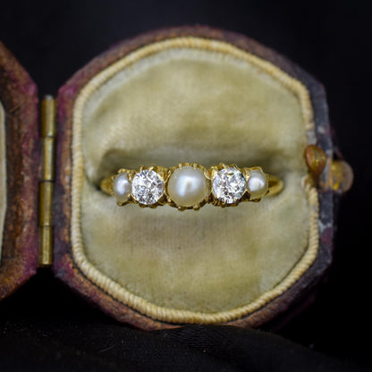 Antique Victorian Pearl and Old Cut Diamond Five Stone 18ct Yellow Gold Ring Band