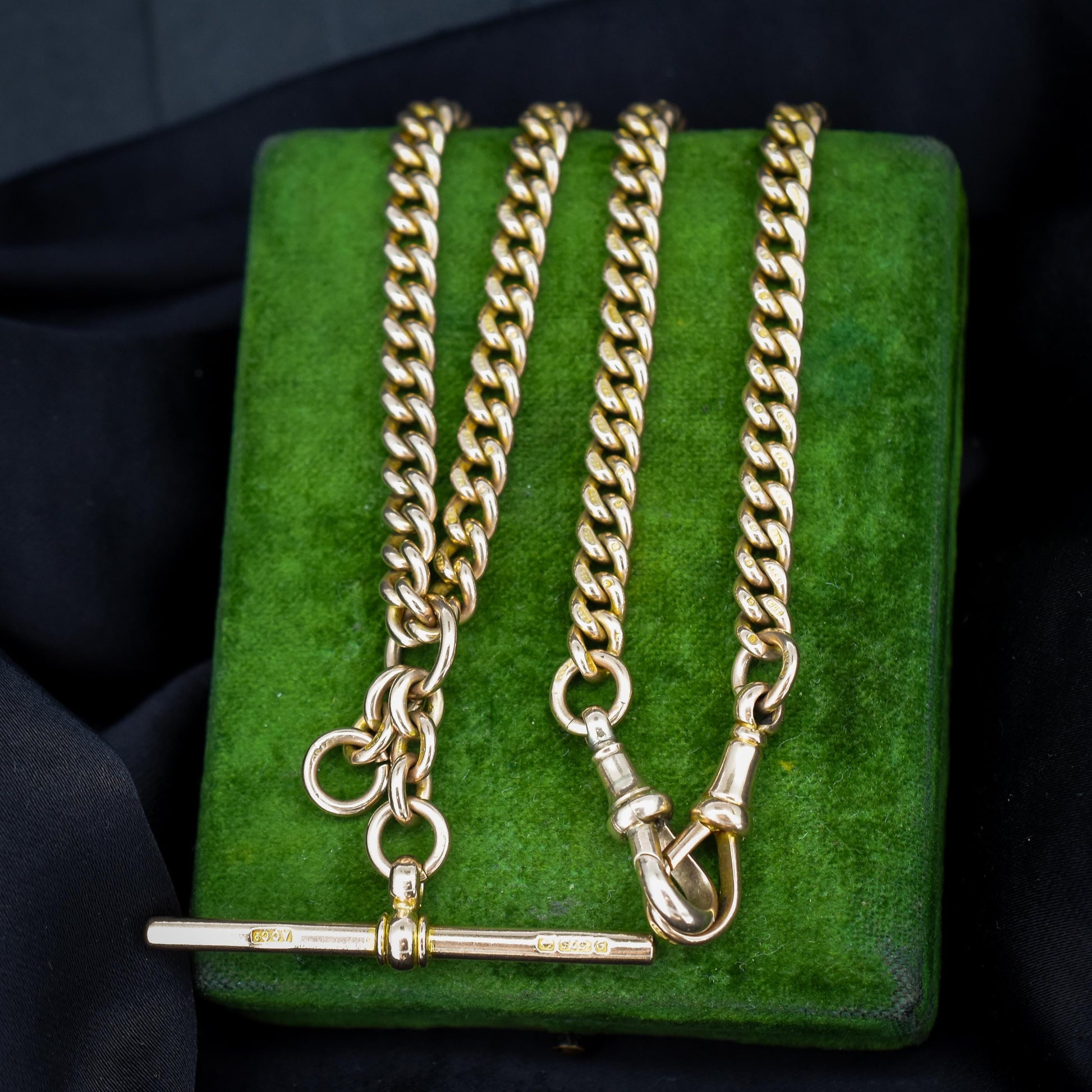 Art Deco 9ct Gold Uniform Curb Link Dog Clip Albert Watch Chain Necklace - 15.25"