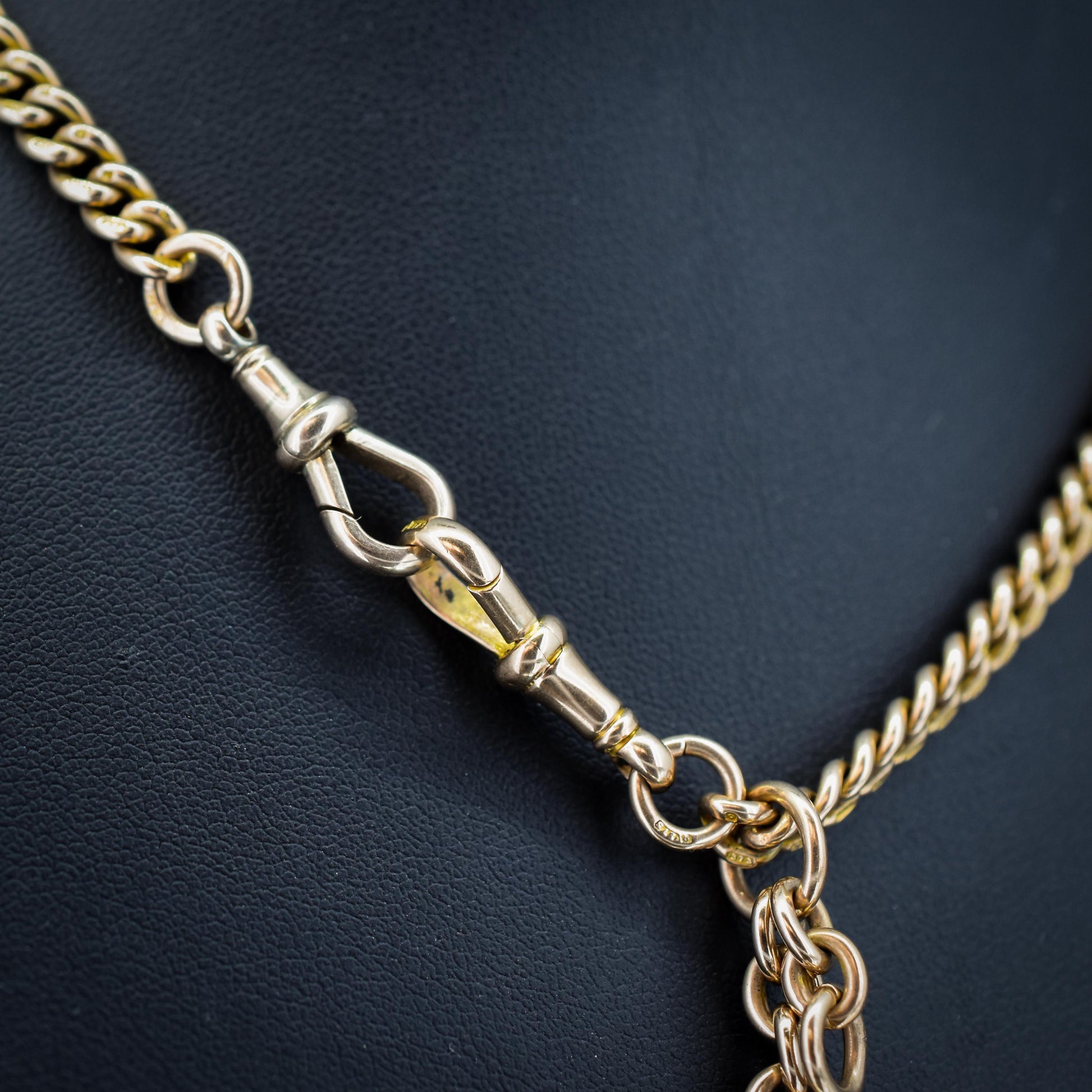 Art Deco 9ct Gold Uniform Curb Link Dog Clip Albert Watch Chain Necklace - 15.25"