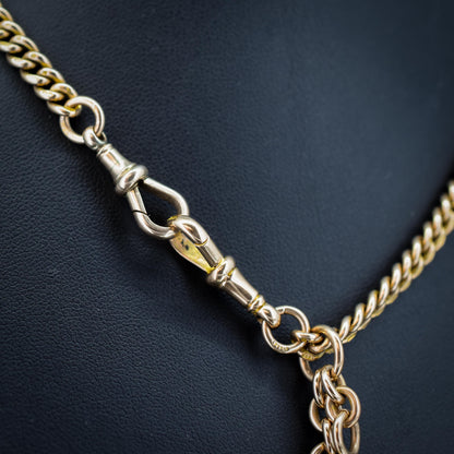 Art Deco 9ct Gold Uniform Curb Link Dog Clip Albert Watch Chain Necklace - 15.25"