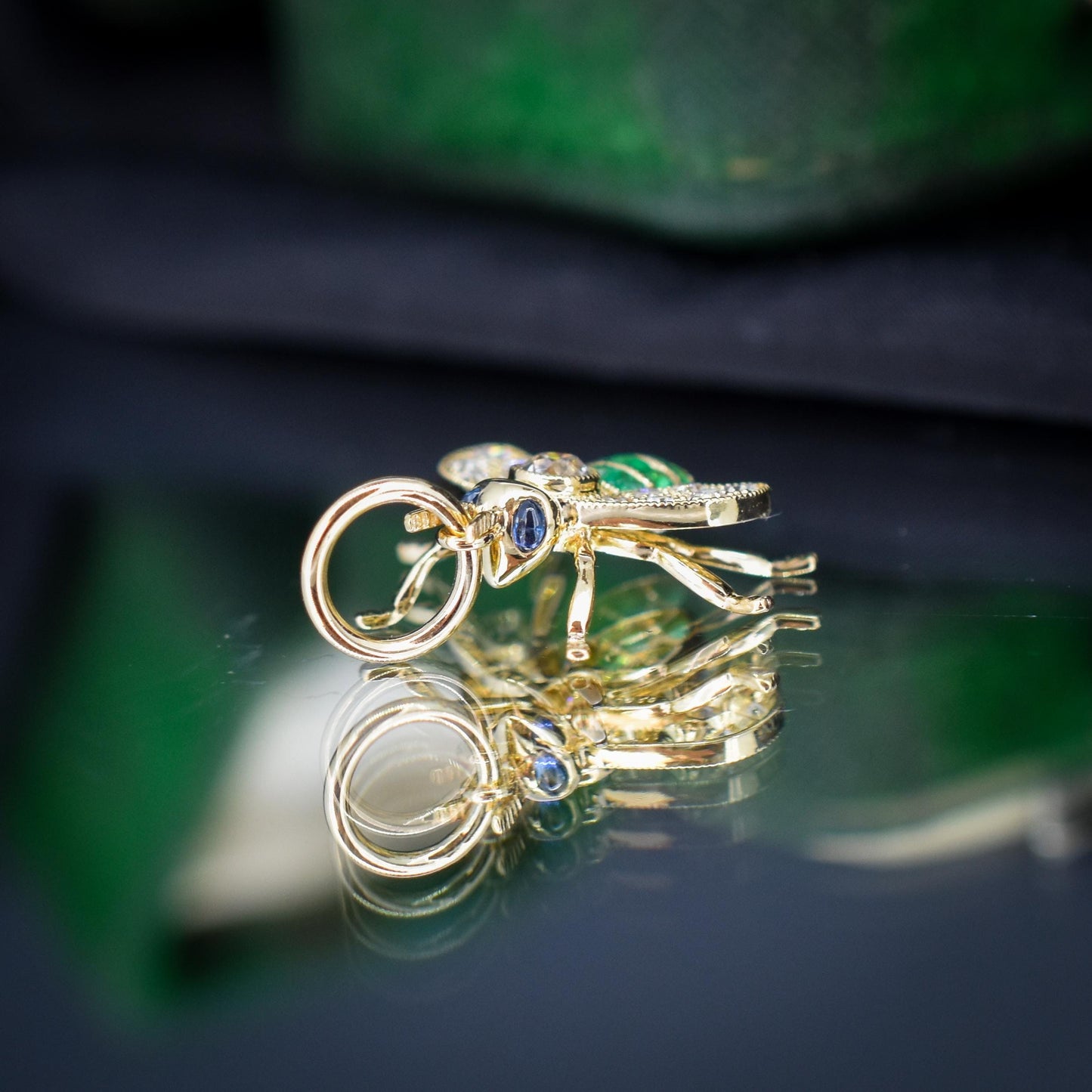 French Cut Emerald and Diamond 18ct Gold Insect Bee Pendant