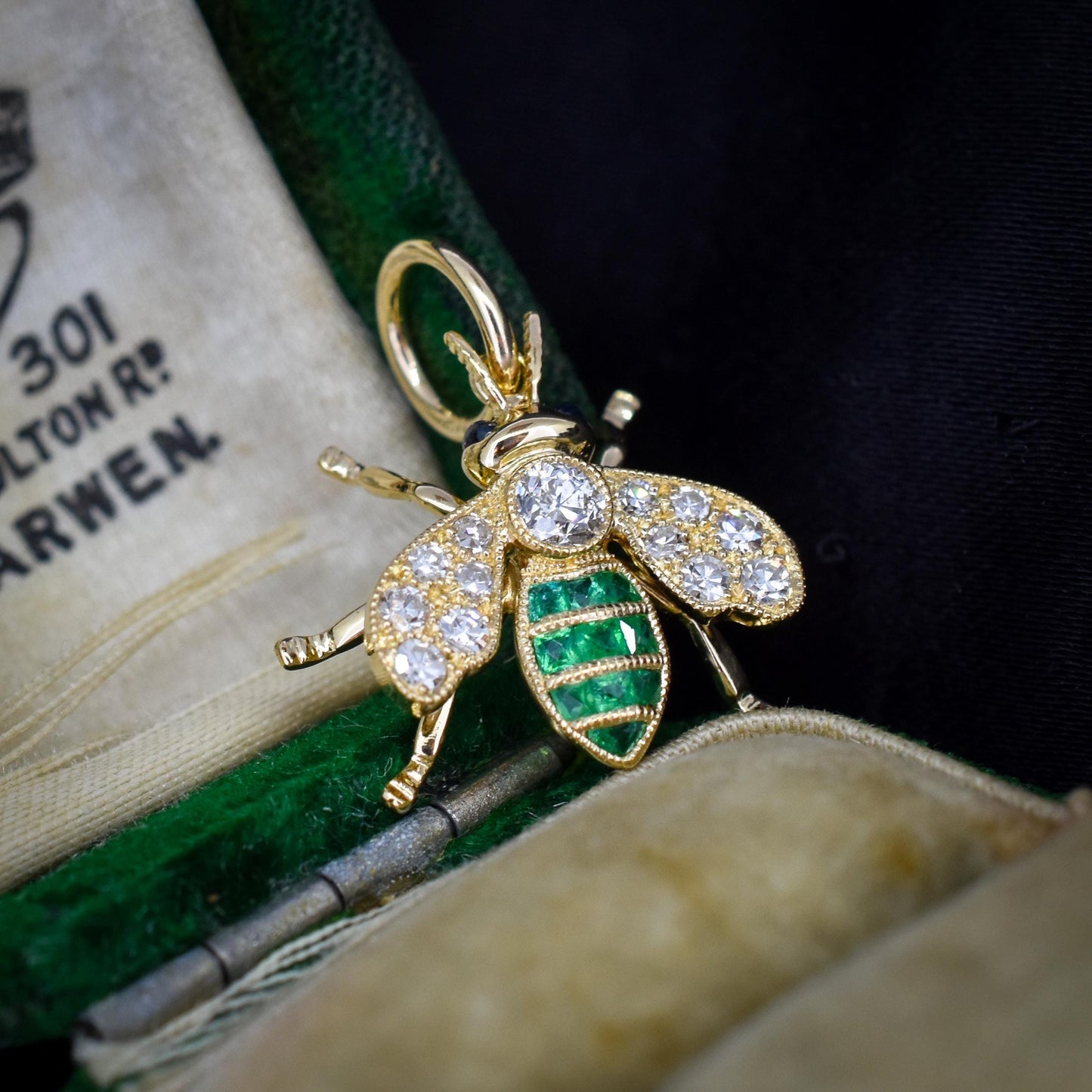 French Cut Emerald and Diamond 18ct Gold Insect Bee Pendant