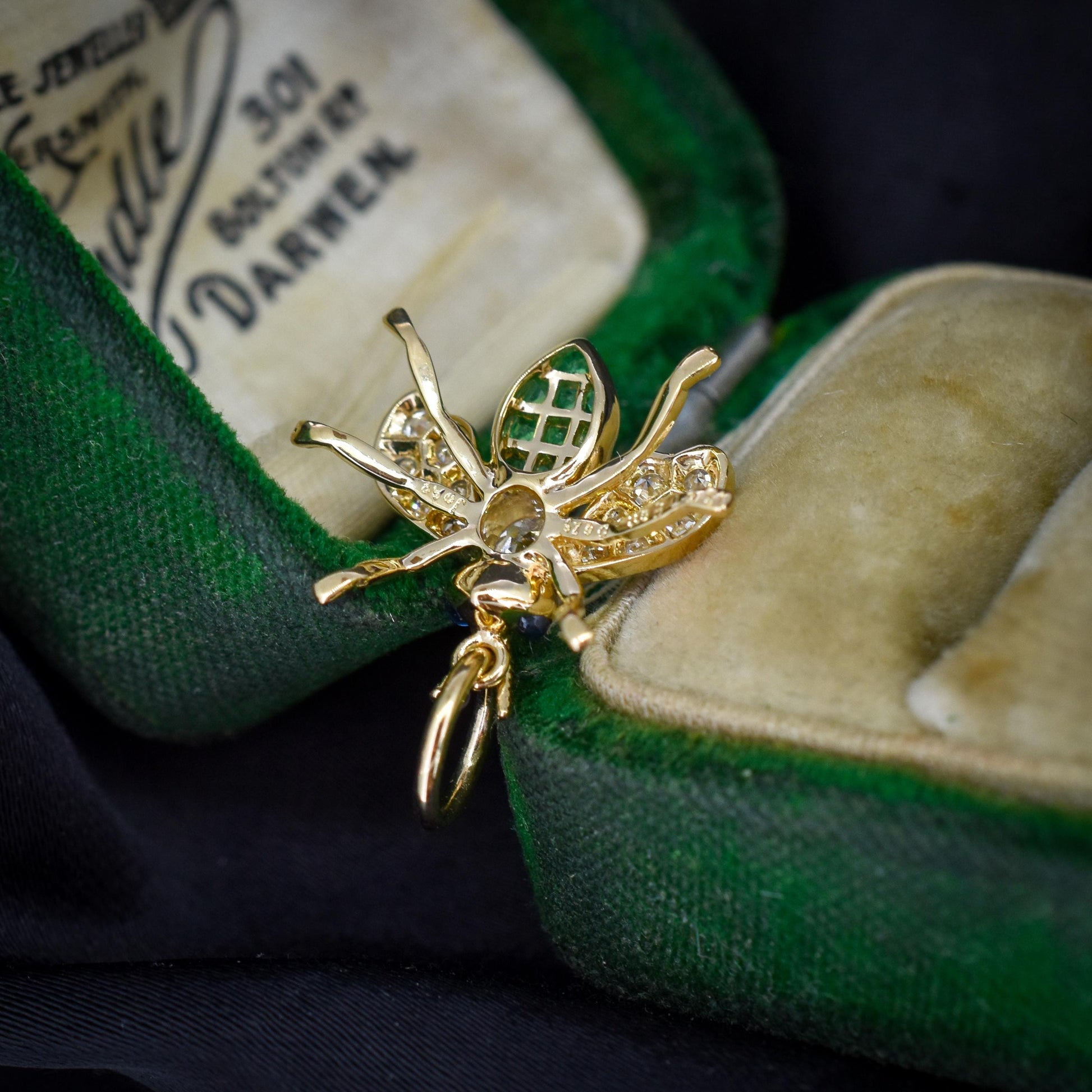 French Cut Emerald and Diamond 18ct Gold Insect Bee Pendant