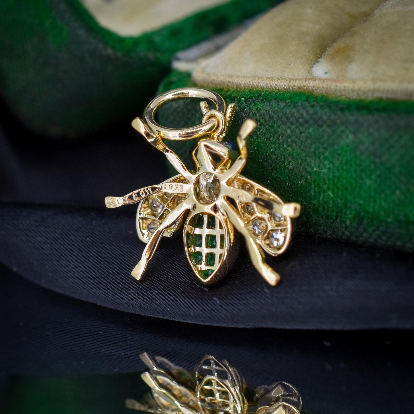 French Cut Emerald and Diamond 18ct Gold Insect Bee Pendant