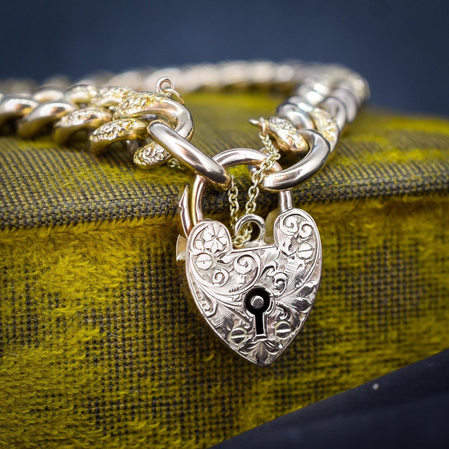 Antique Engraved Heart Padlock Fancy Curb 9ct Gold Bracelet 7"