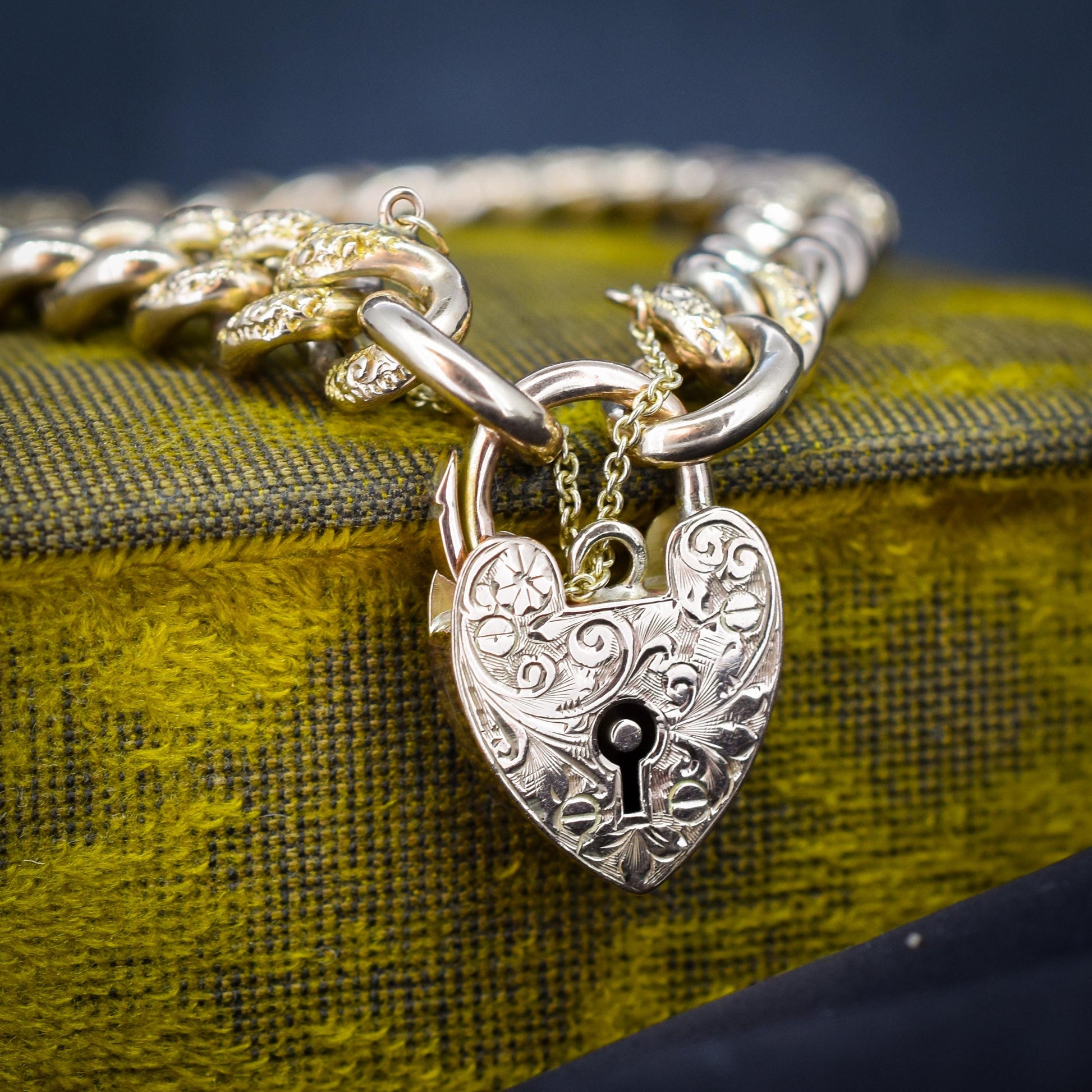 Antique Engraved Heart Padlock Fancy Curb 9ct Gold Bracelet 7"
